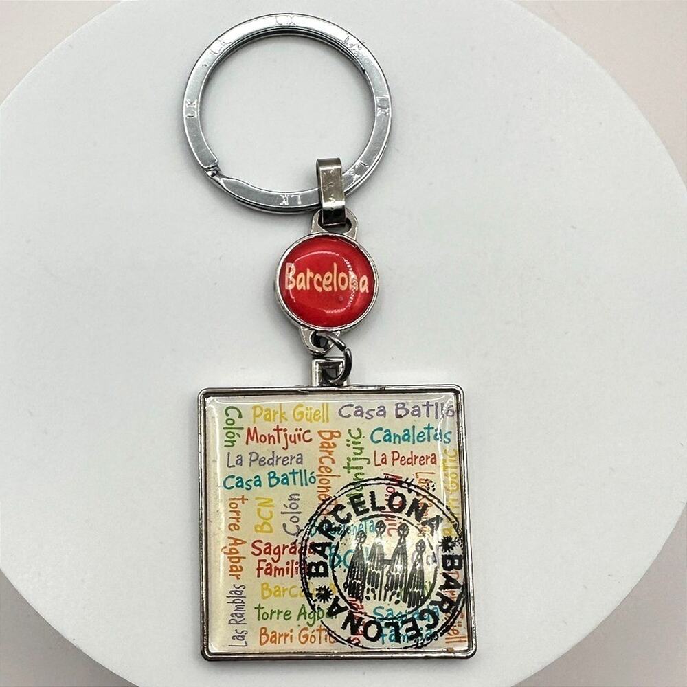 Vintage 70s LK Barcelona Spain Souvenir Silver Tone Square Charm Keychain Retro